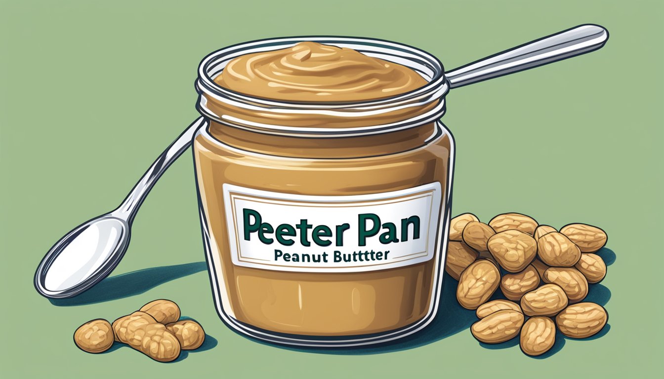 A jar of Peter Pan peanut butter with a measuring spoon next to it, indicating portion control