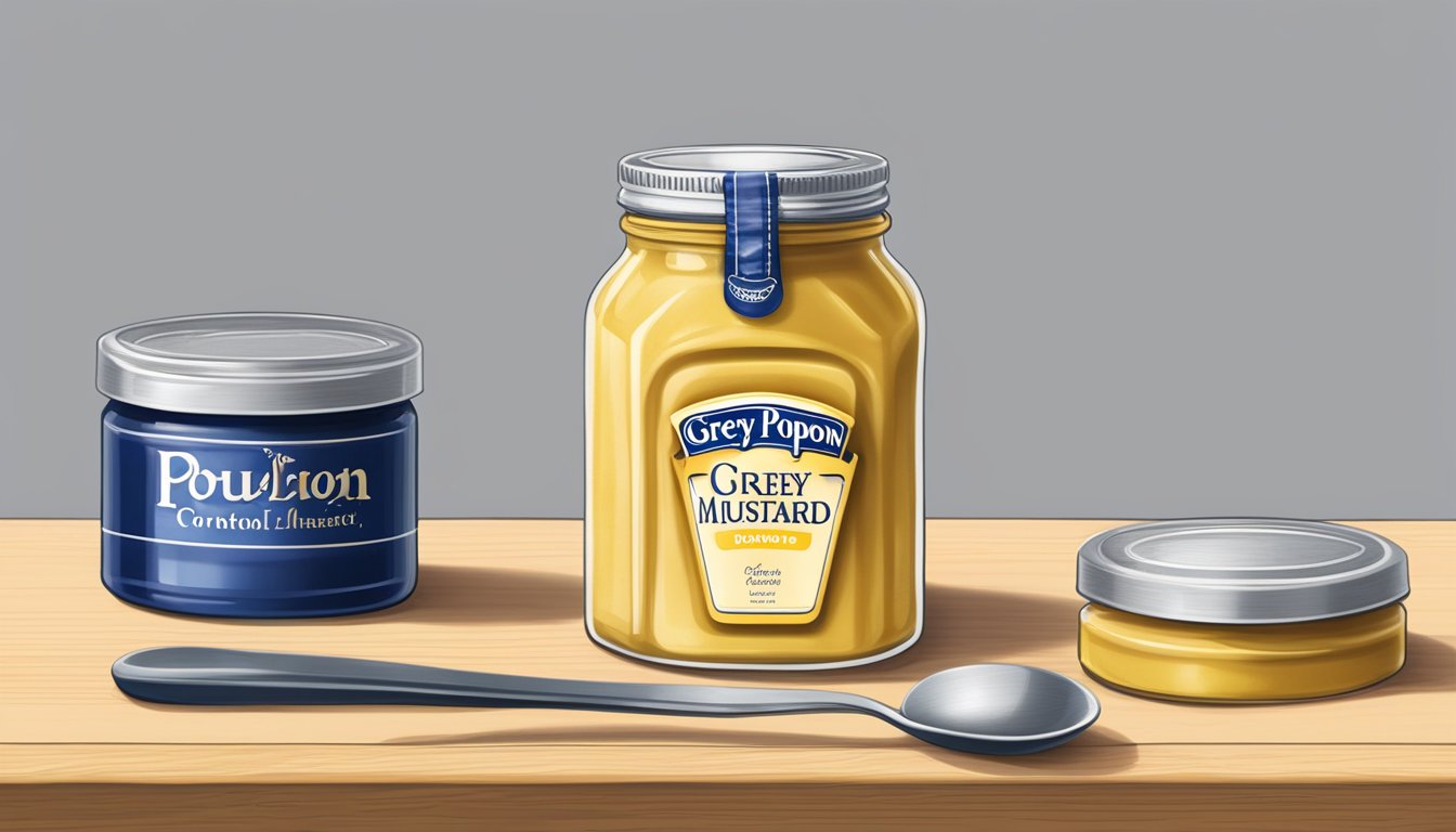 A jar of Grey Poupon Dijon mustard with a measuring spoon next to it, indicating portion control