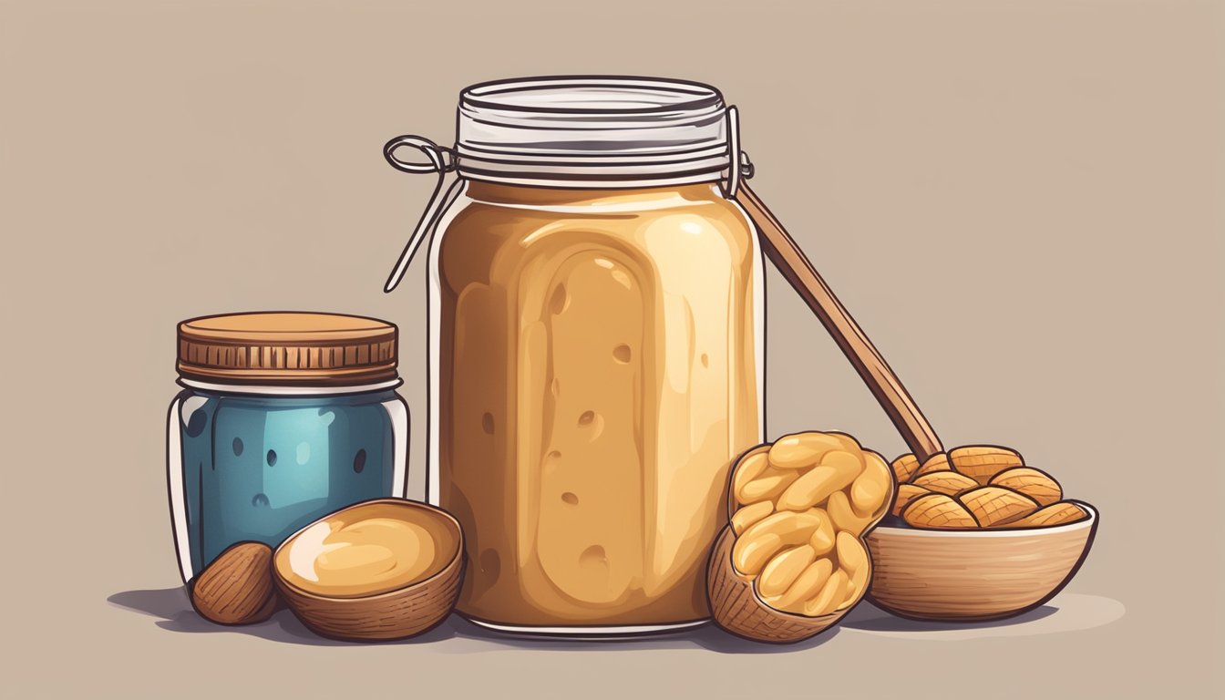 A jar of peanut butter with a measuring spoon next to it, surrounded by various sliced fruits and bread