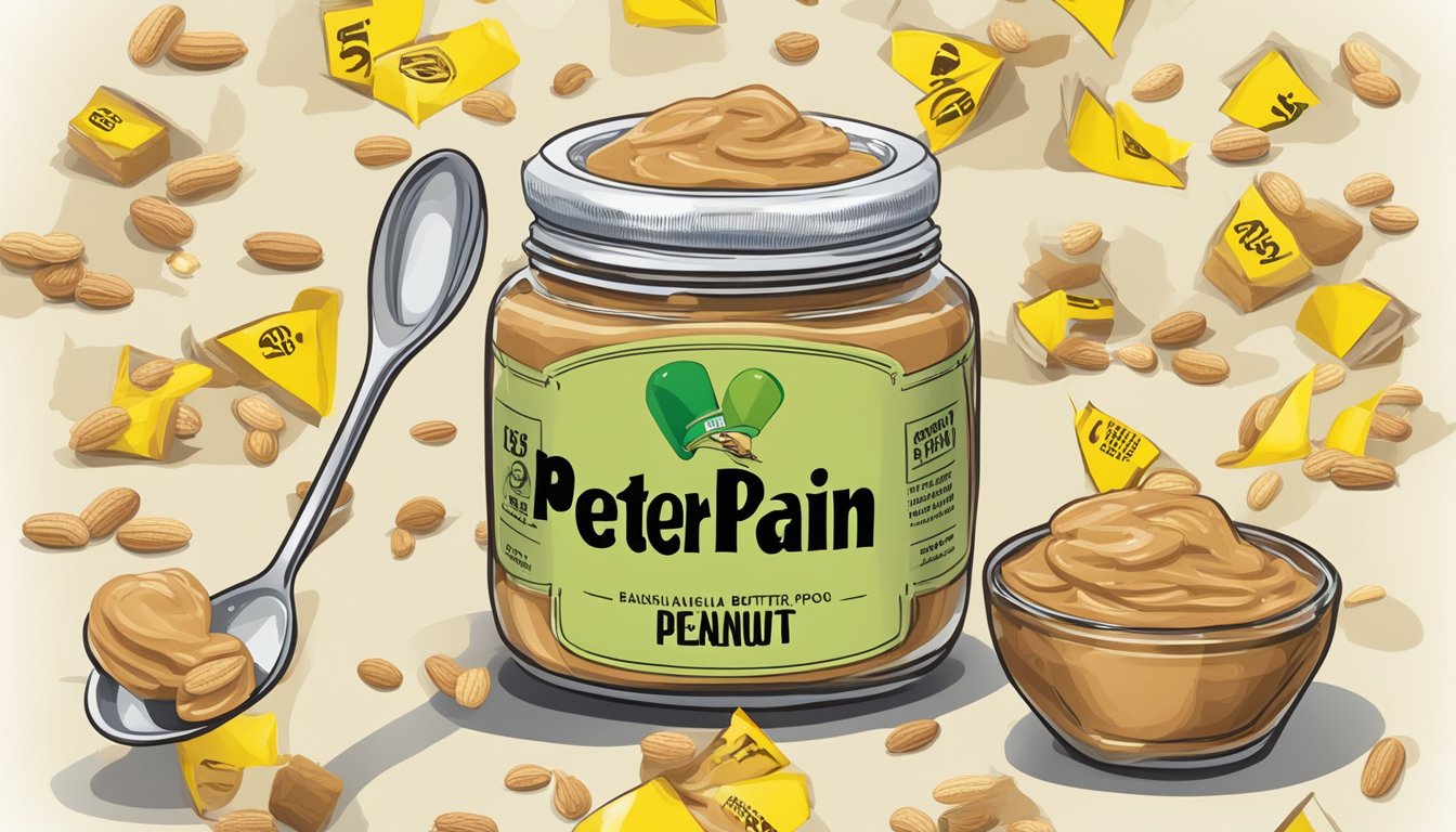 A jar of Peter Pan peanut butter with a measuring spoon next to it, surrounded by caution signs and a question mark