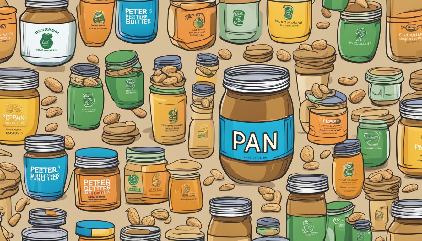 A jar of Peter Pan peanut butter surrounded by various other brands and alternatives, with a question mark hovering above