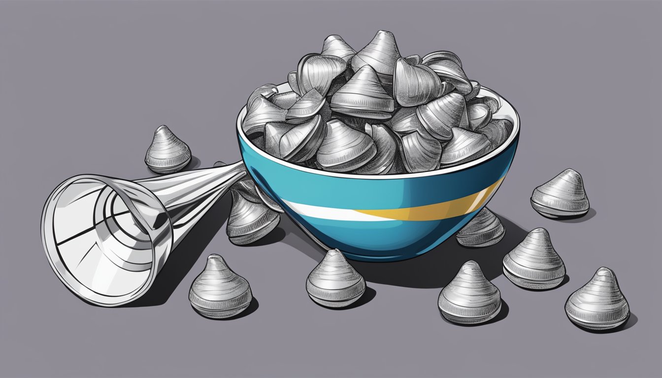 A pile of Hershey's Kisses spilling out of a measuring cup, with a small portion marked as a recommended serving size