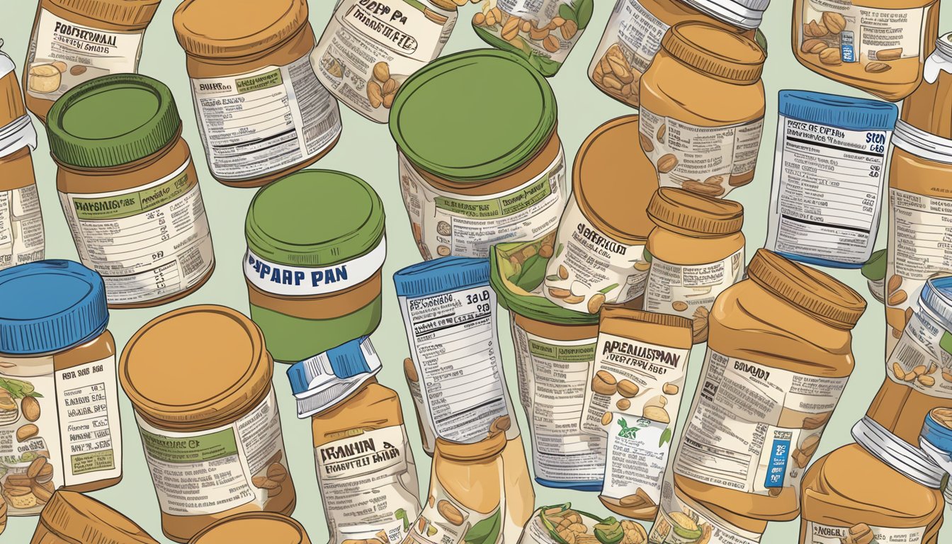 A jar of Peter Pan peanut butter surrounded by various ingredients and a nutrition label, with a question mark hovering above