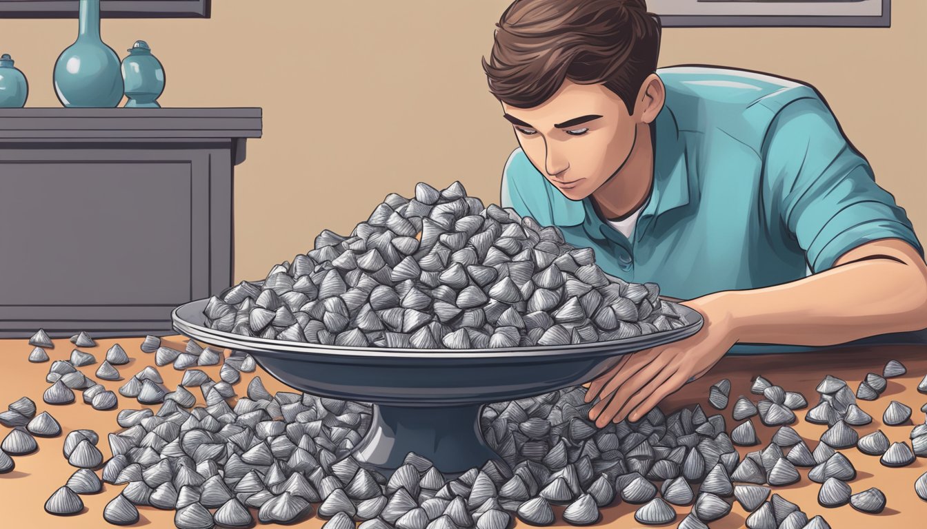 A pile of Hershey's Kisses spilling out of an overflowing candy dish, with a concerned person looking at them