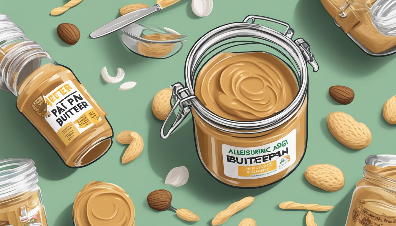 A jar of Peter Pan peanut butter with a measuring spoon next to it, surrounded by various allergy and intolerance warning symbols