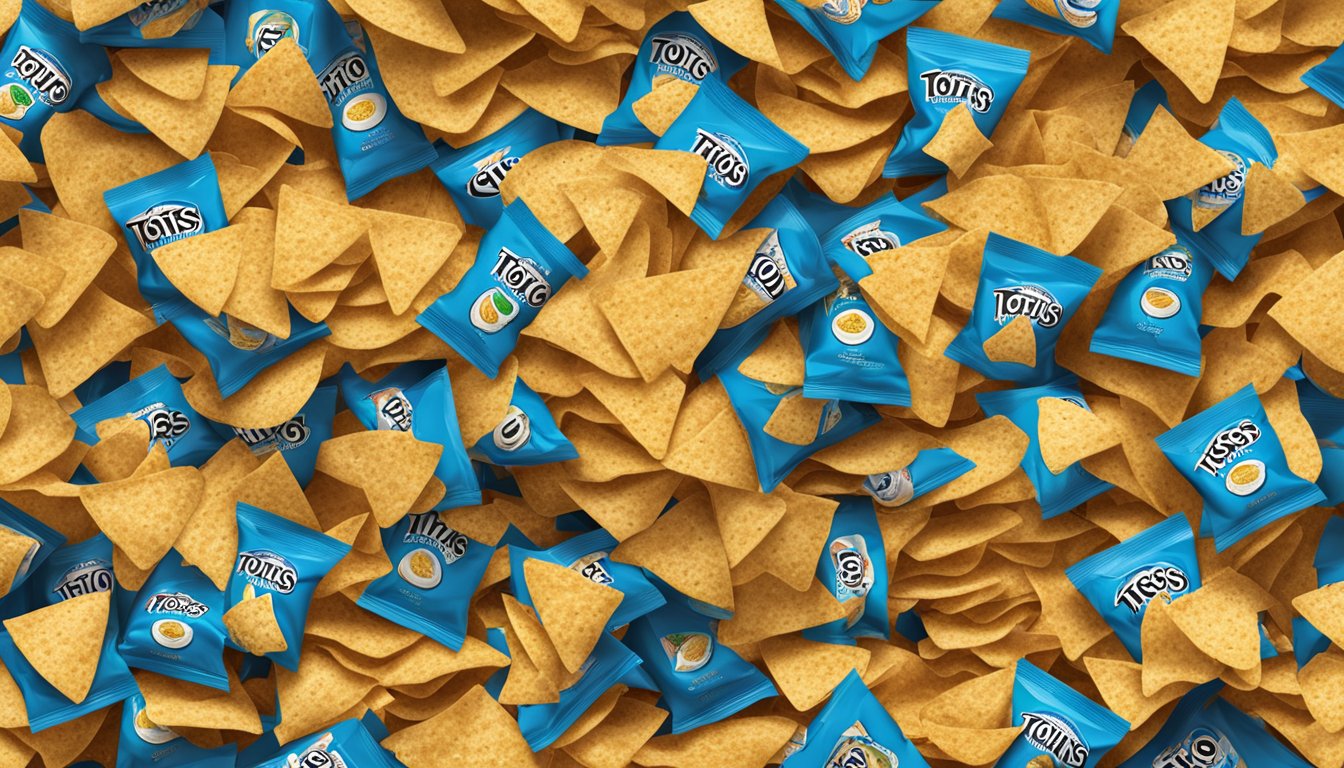 A bowl overflowing with Tostitos tortilla chips, surrounded by empty chip bags