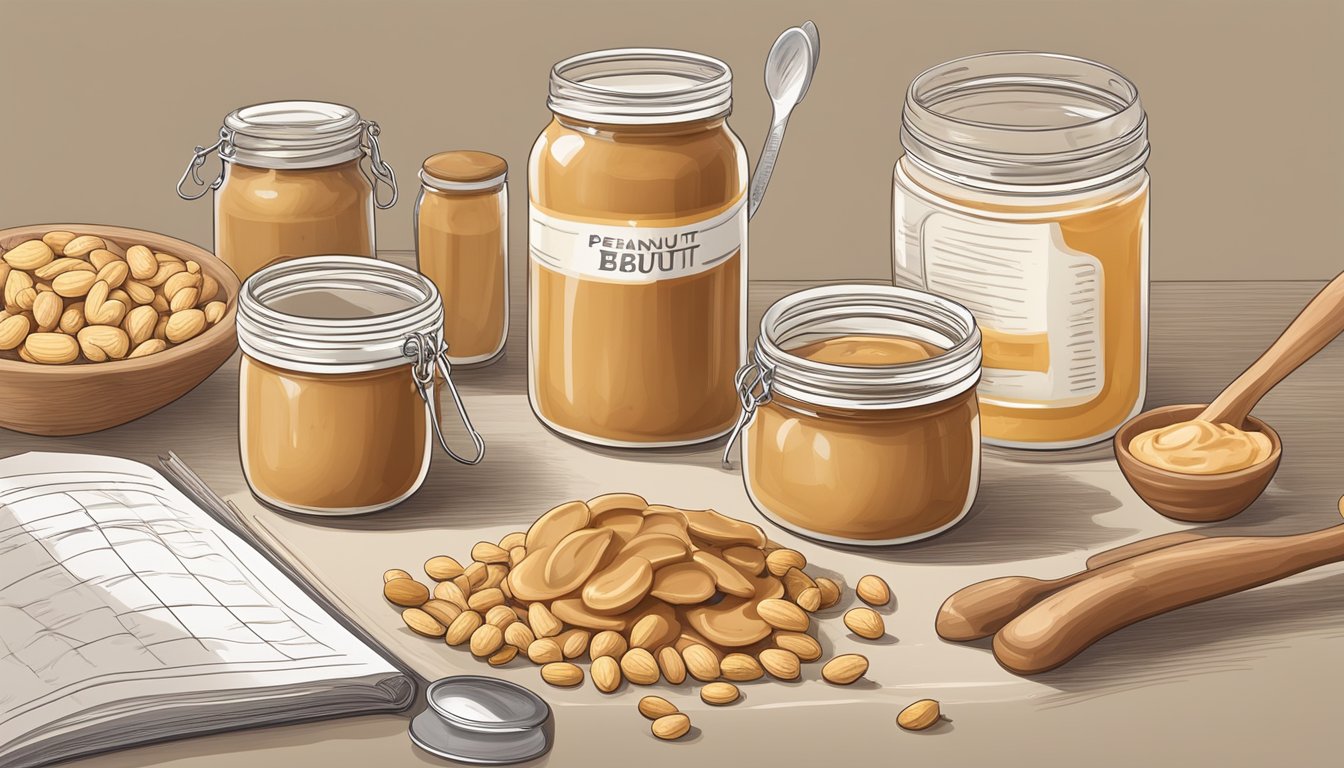 A jar of peanut butter with a measuring spoon next to it, surrounded by various ingredients and recipe books