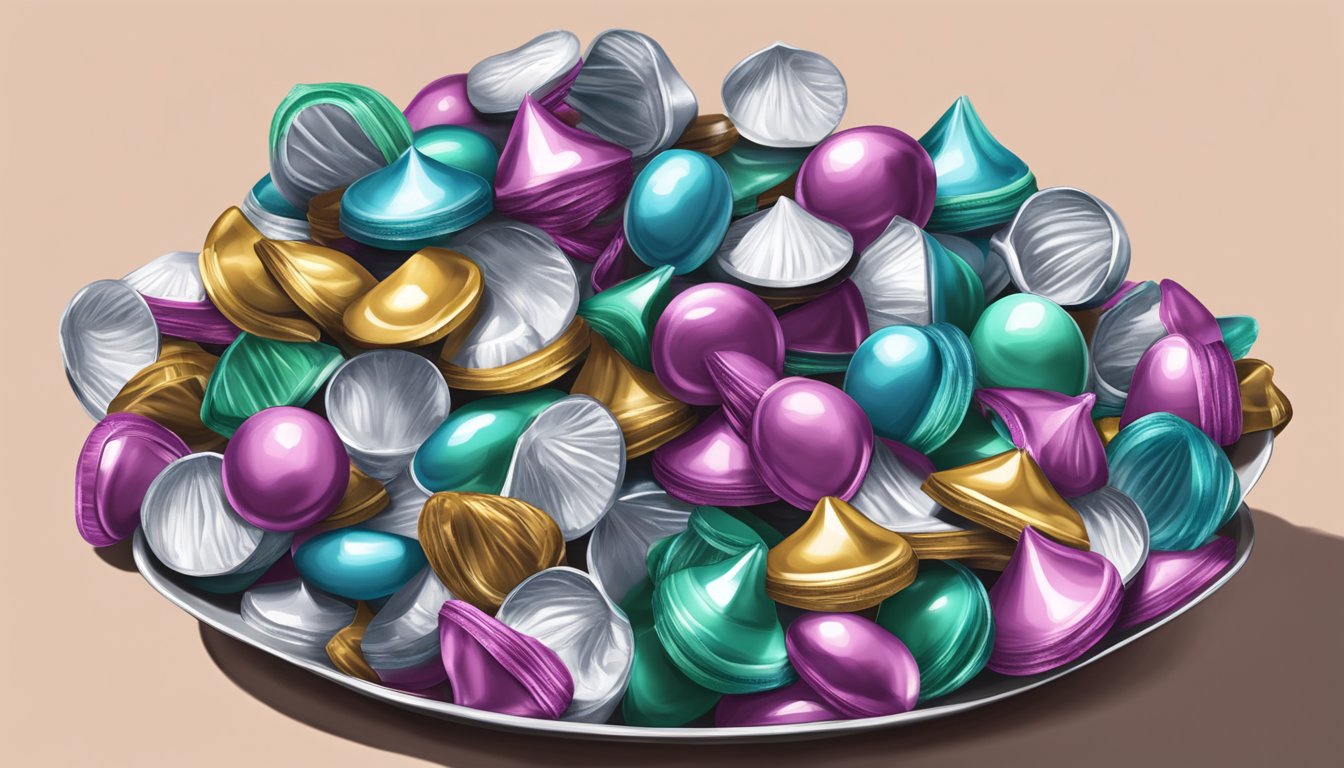 A pile of Hershey's kisses spilling out of an overflowing candy dish