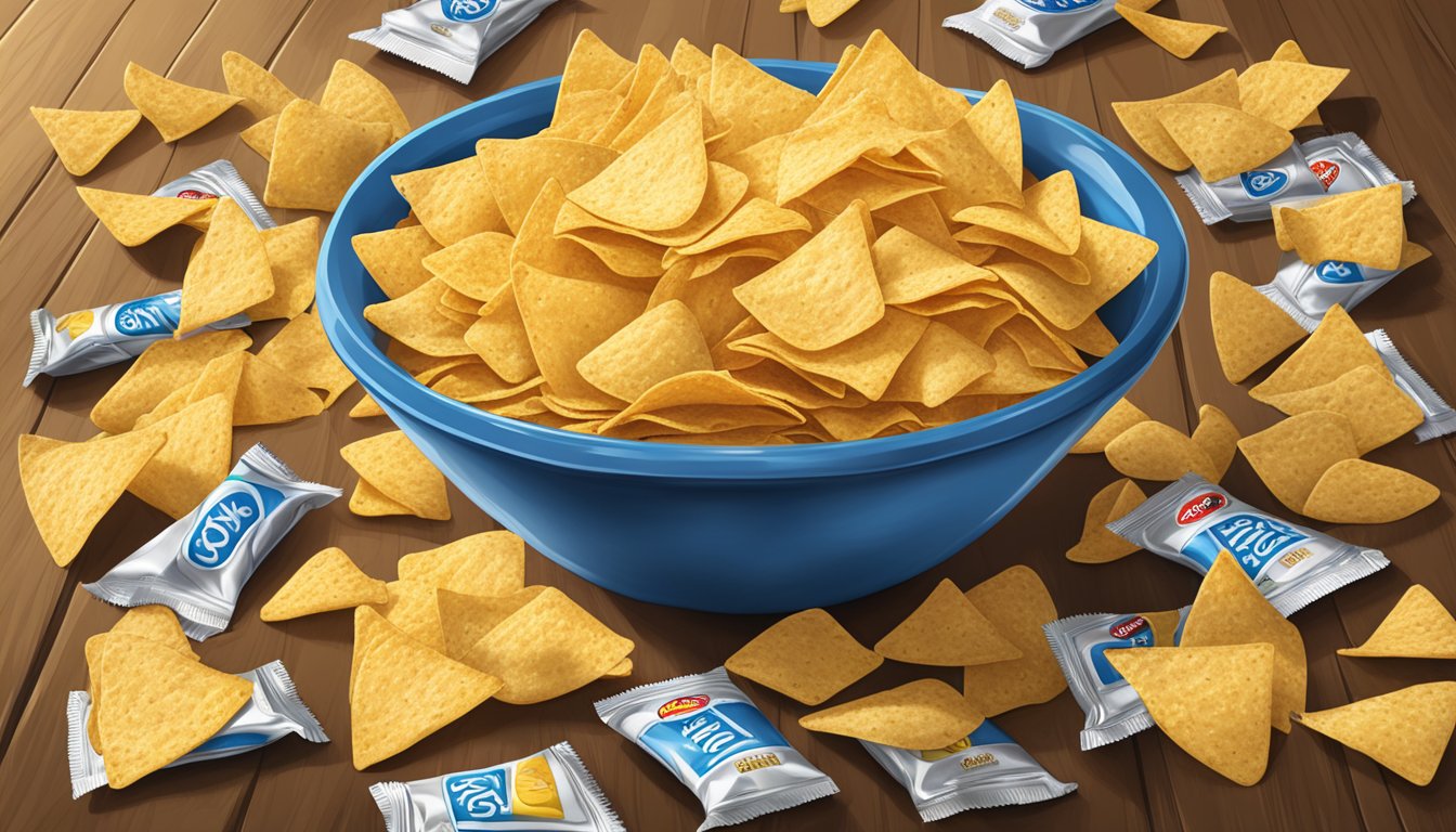 A bowl of Tostitos Tortilla Chips overflowing on a table, surrounded by empty chip bags