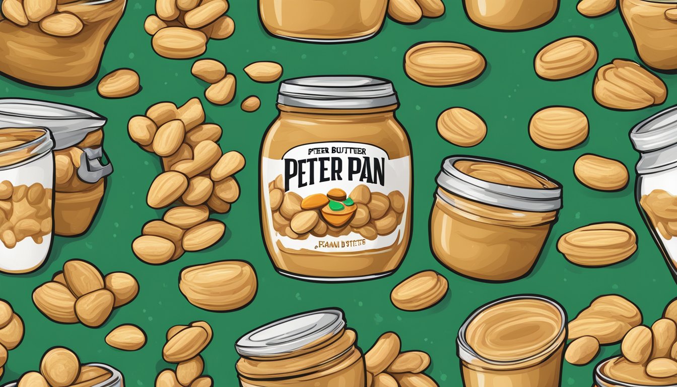 A jar of Peter Pan peanut butter overflowing with excessive scoops