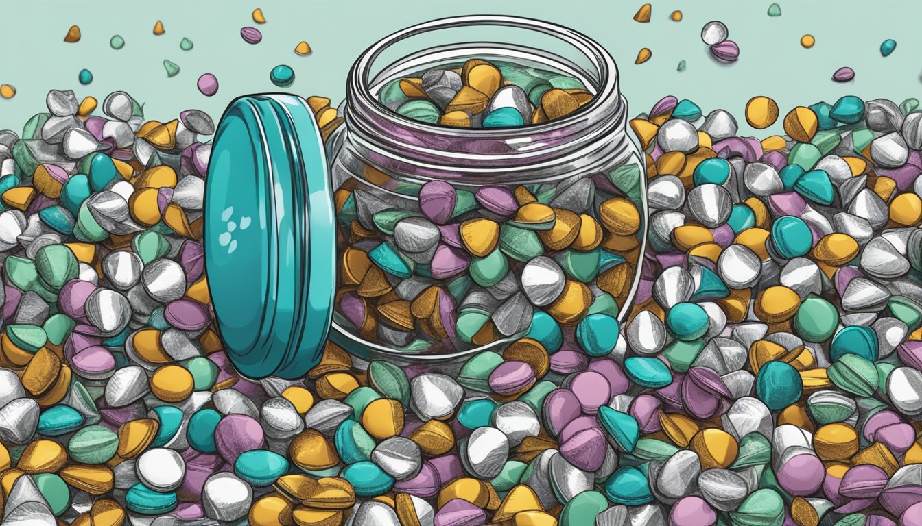 A pile of Hershey's Kisses spilling out of an overflowing jar, with a concerned person looking at them