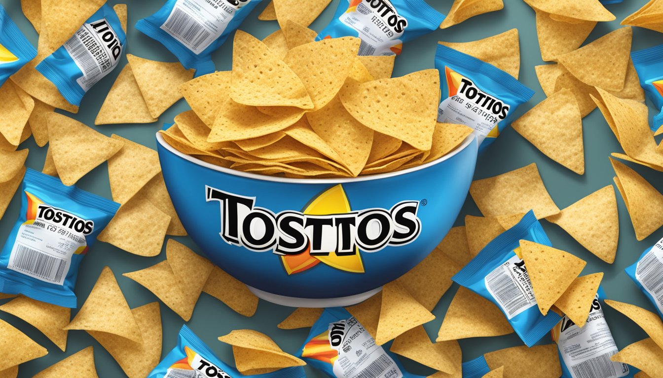 A bowl overflowing with Tostitos tortilla chips, surrounded by empty chip bags and a nutrition label