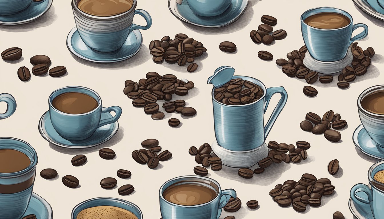 A table with multiple cups of Folgers coffee, a steaming coffee pot, and scattered coffee beans