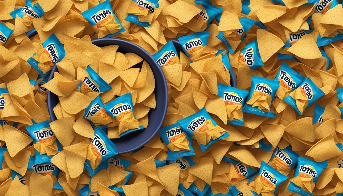 A large pile of Tostitos tortilla chips spilling out of an overflowing bowl, with an empty chip bag nearby