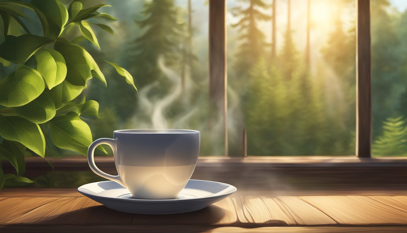 A steaming cup of Folgers coffee sits on a rustic wooden table, surrounded by lush greenery and a soft morning light filtering through the window