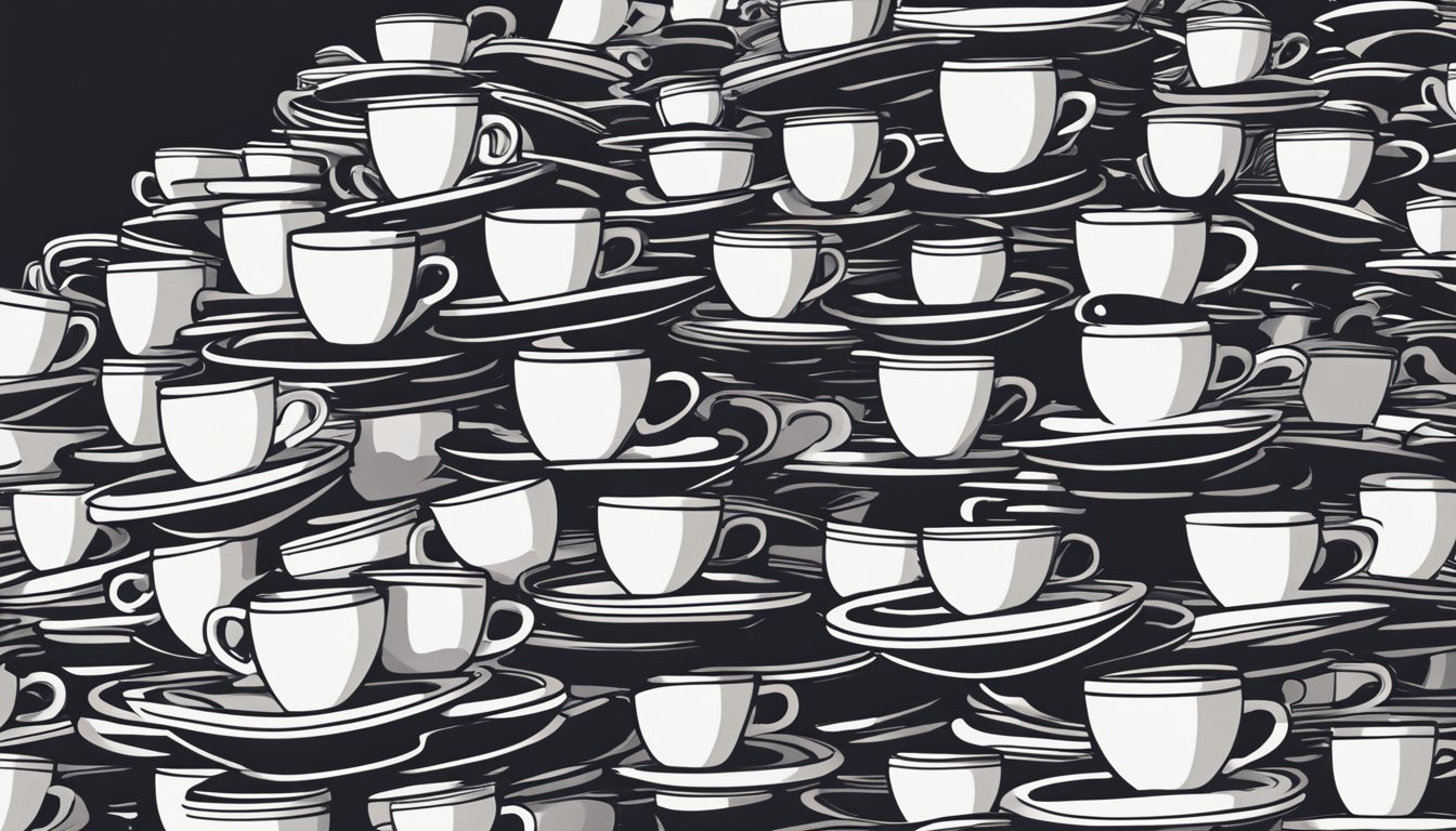 A towering stack of coffee cups, overflowing with dark liquid, looms ominously over a jittery figure