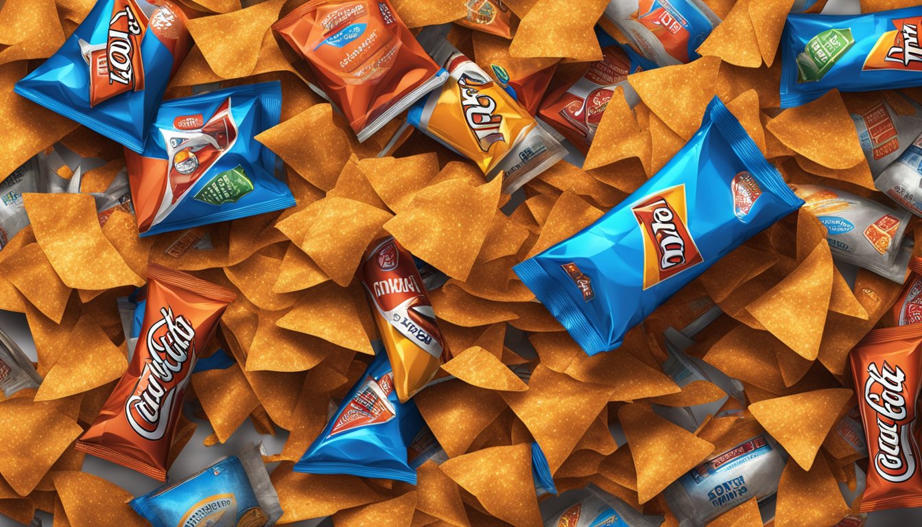 A pile of Doritos spilling out of a large, crumpled bag, surrounded by empty chip bags, soda cans, and candy wrappers