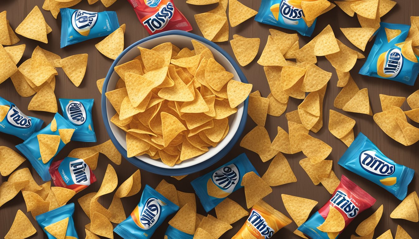 A bowl of Tostitos tortilla chips overflowing on a table, surrounded by empty chip bags