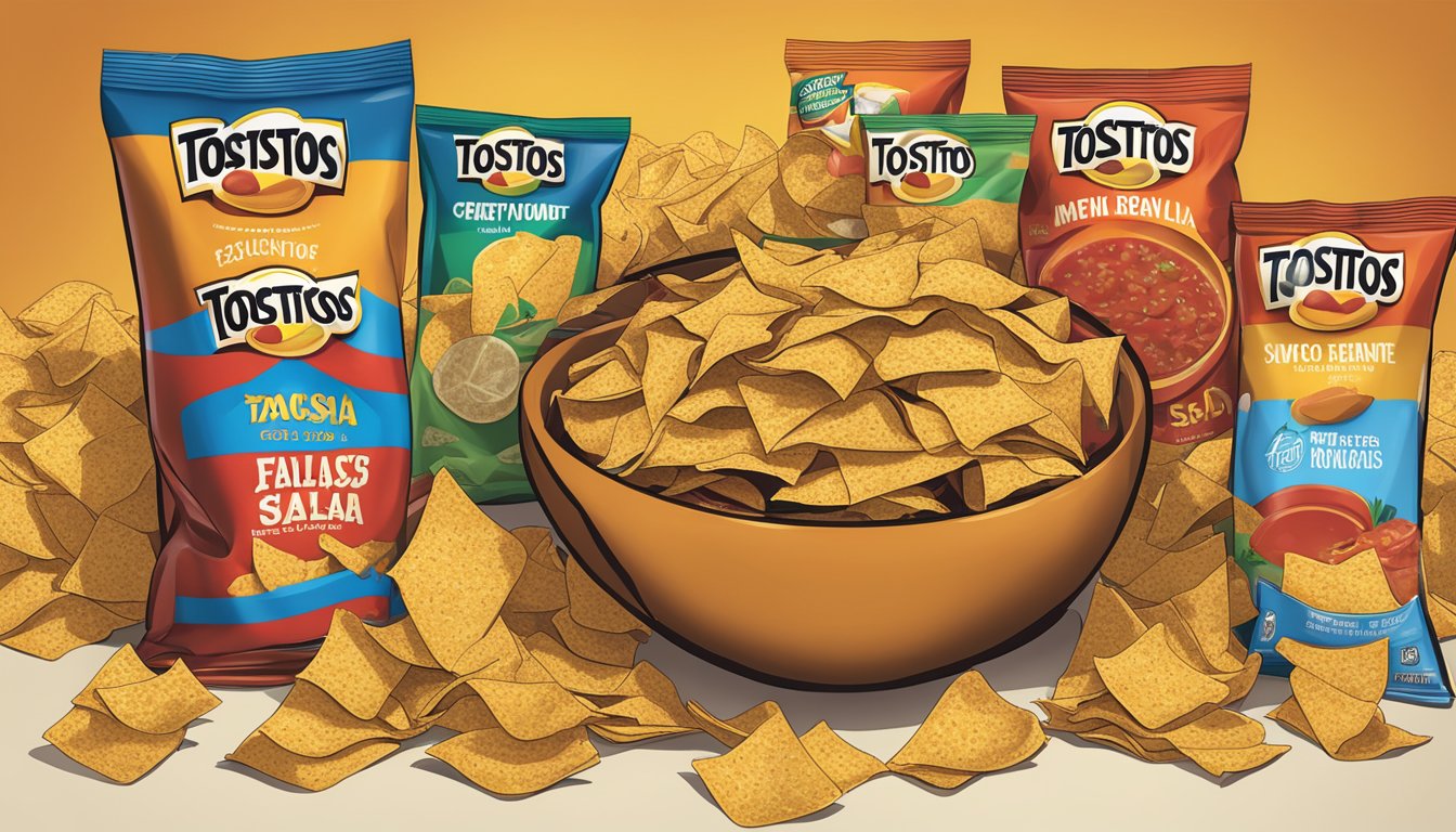 A table covered in empty Tostitos bags, surrounded by scattered chips and a towering bowl of salsa