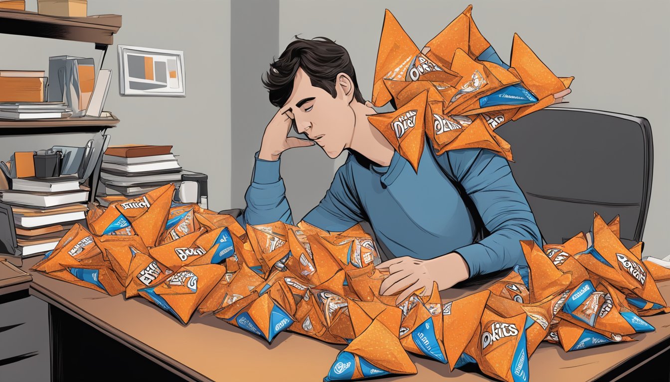 A pile of empty Doritos bags surrounding a person's desk, with a large bag of Doritos open and partially eaten