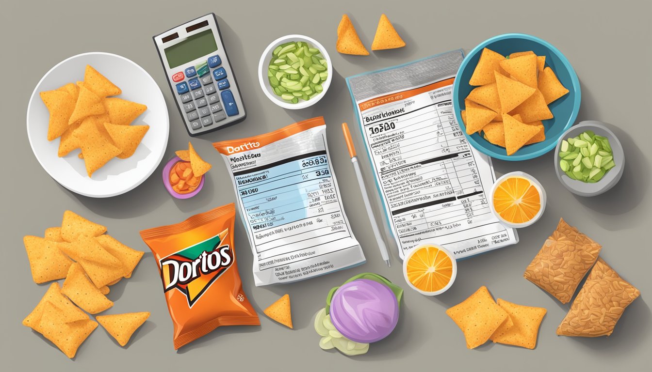 A table with an empty bag of Doritos and a nutrition label, surrounded by various food items and a calculator