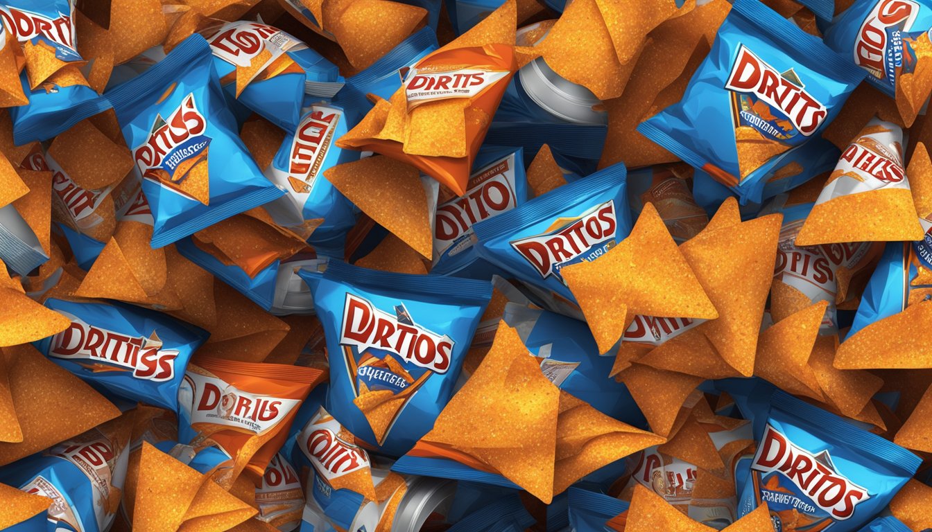 A pile of Doritos bags overflowing from a trash can, surrounded by empty chip wrappers and soda cans