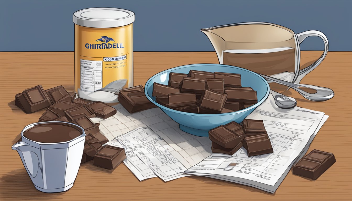 A table with a pile of Ghirardelli chocolate squares, a measuring cup, and a health guideline chart