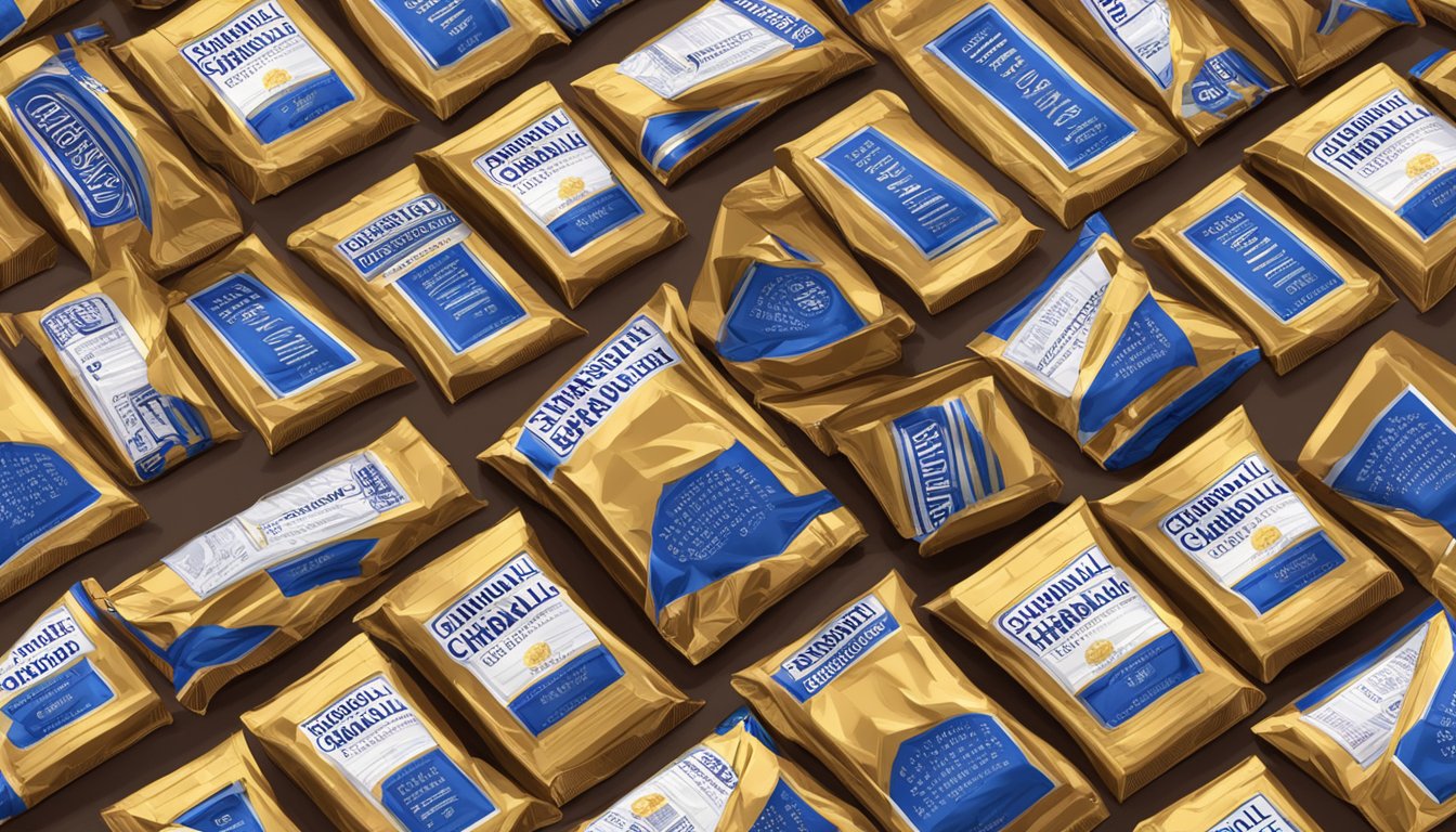 A stack of Ghirardelli chocolate bars overflowing from a crumpled wrapper, surrounded by empty wrappers and a warning label