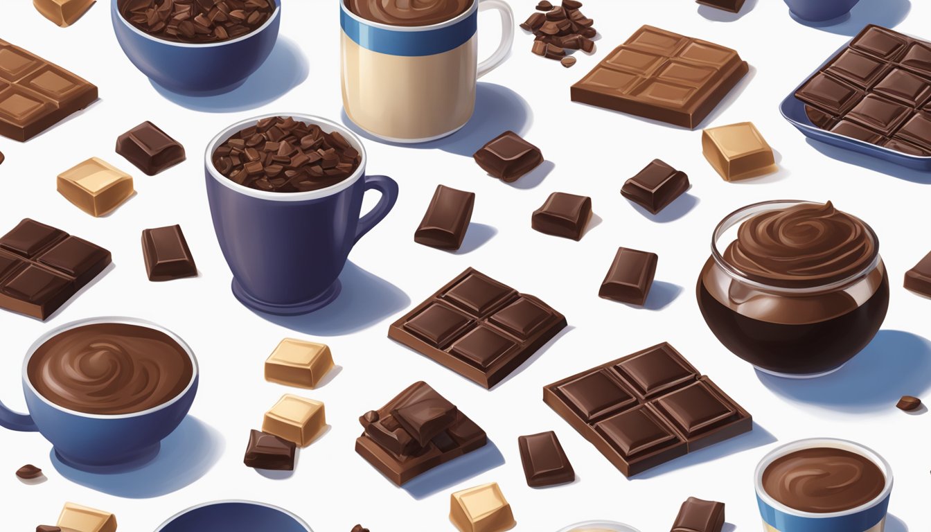 A table with various Ghirardelli chocolate products scattered around, with a measuring cup filled with an excessive amount of chocolate pieces overflowing