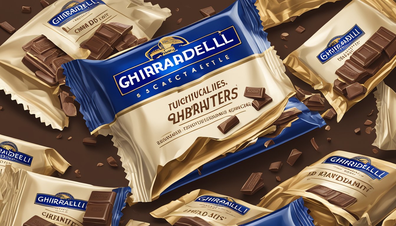 A pile of Ghirardelli chocolate bars spilling out of a torn wrapper, with a warning label indicating the healthy limit per day