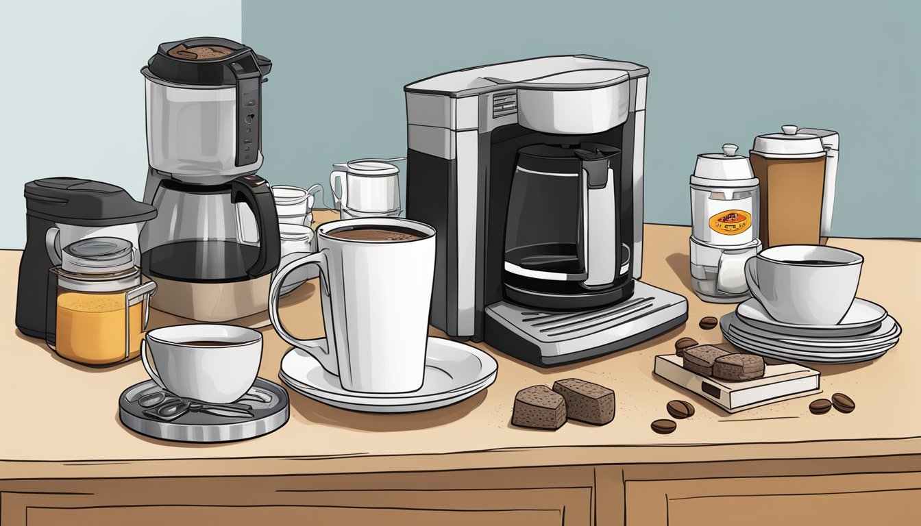 A cluttered kitchen counter with multiple empty and half-empty coffee mugs, a coffee maker, and a bag of Folgers coffee