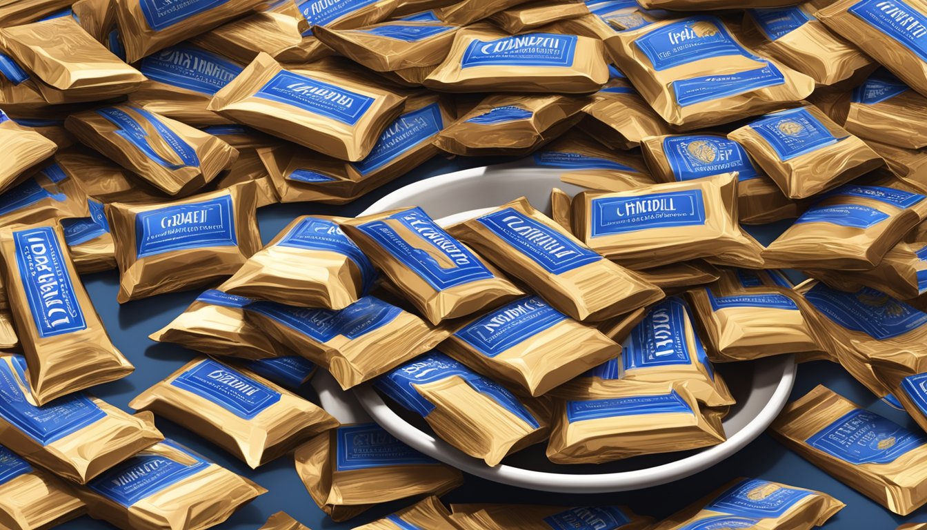 A table with an overflowing pile of Ghirardelli chocolate wrappers and an empty plate, suggesting overconsumption and health risks