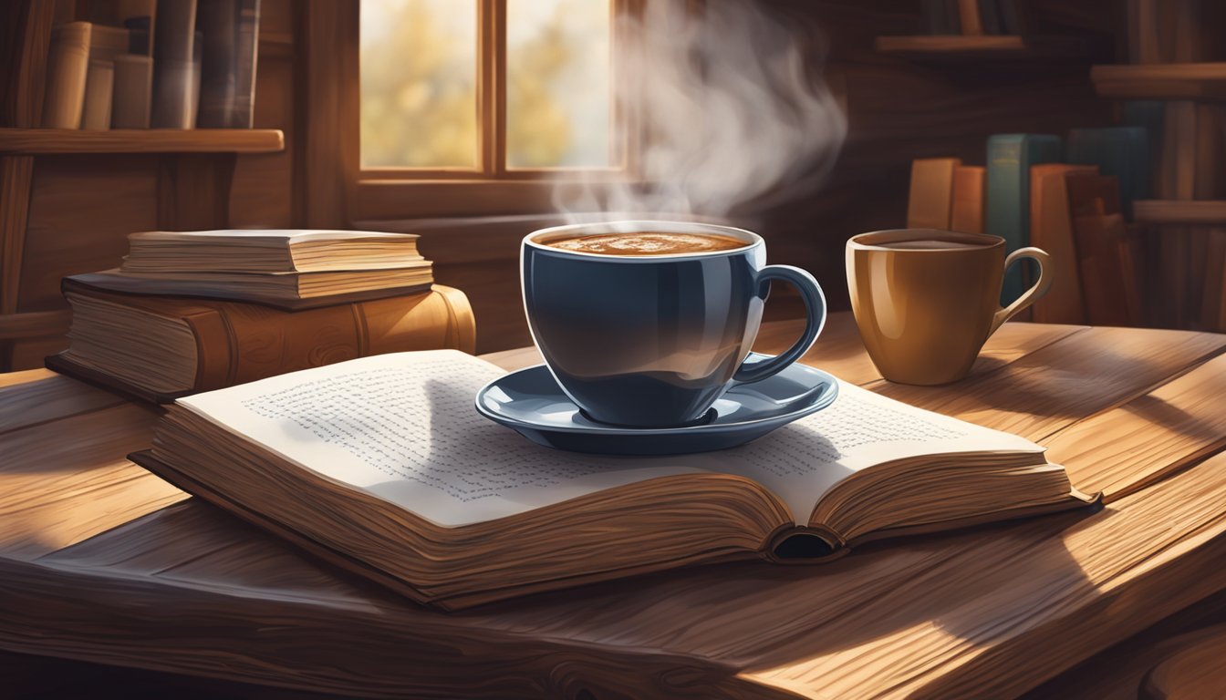 A steaming cup of Folgers coffee sits on a rustic wooden table, surrounded by a cozy setting with a book and a warm blanket