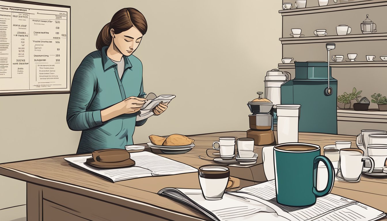 A table with multiple empty coffee mugs, a coffee pot, and a bag of Folgers coffee, surrounded by nutritional information and a concerned person checking their watch