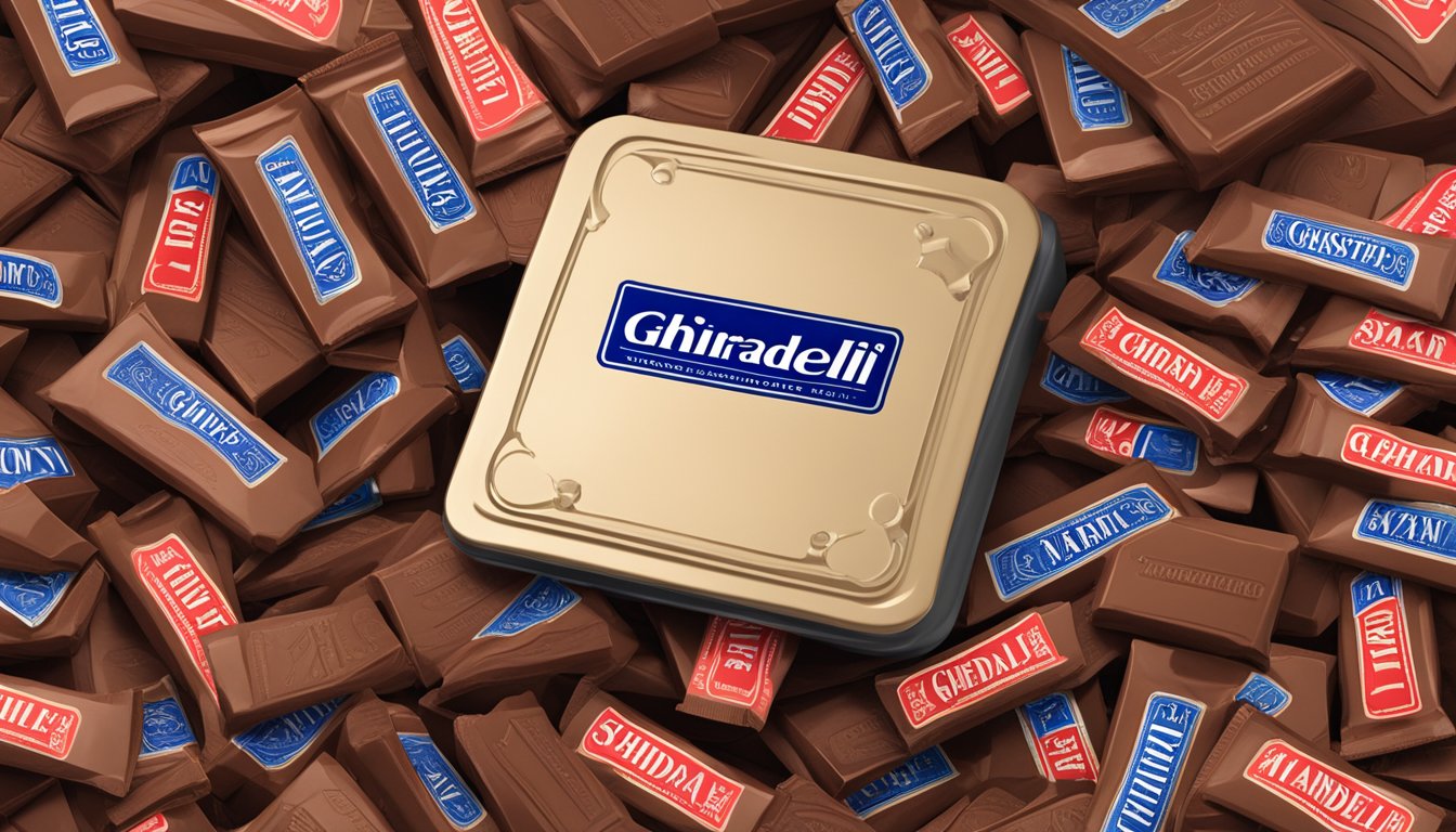 A mountain of Ghirardelli chocolate bars overflowing from a scale, with a red warning sign indicating excessive consumption