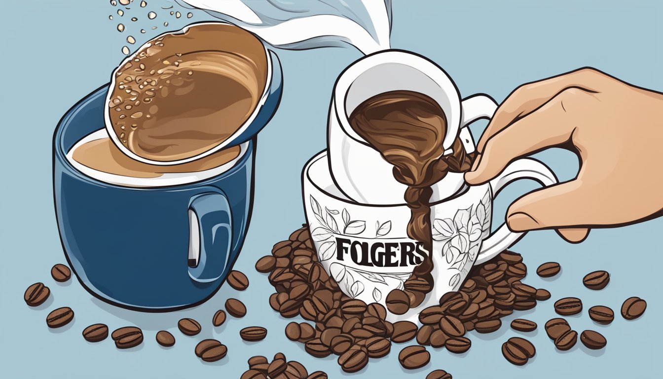 A person pouring multiple cups of Folgers coffee into a overflowing mug