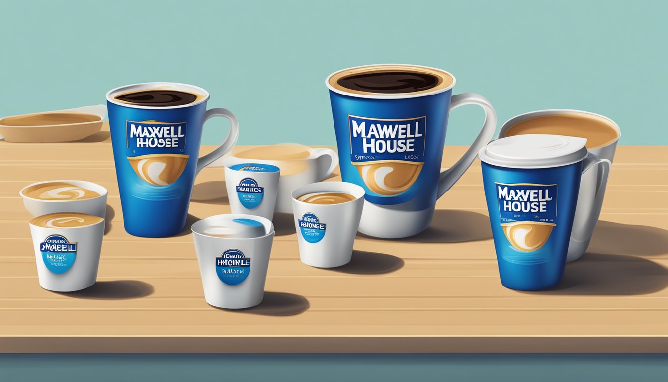 A table with multiple cups of Maxwell House coffee, some empty, some half-full, and a few unopened containers