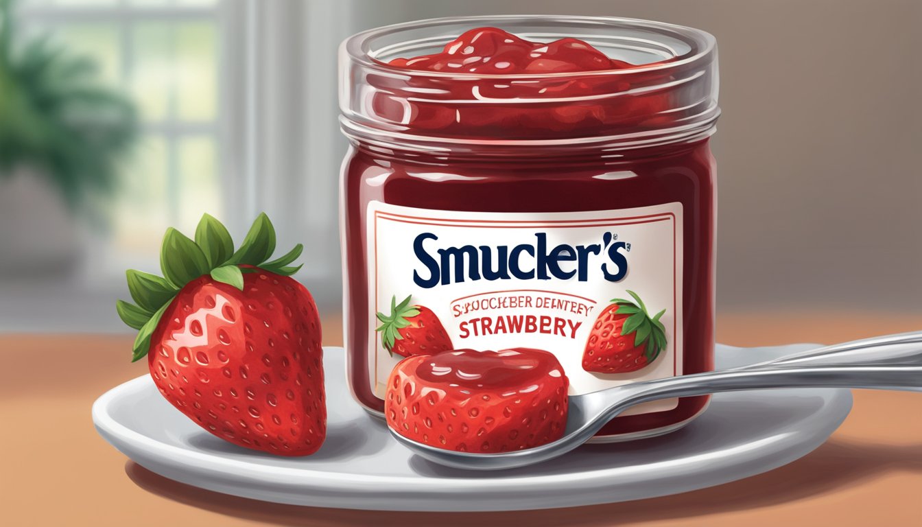 A jar of Smucker's Strawberry Jam with a spoon scooping out a large portion onto a slice of bread