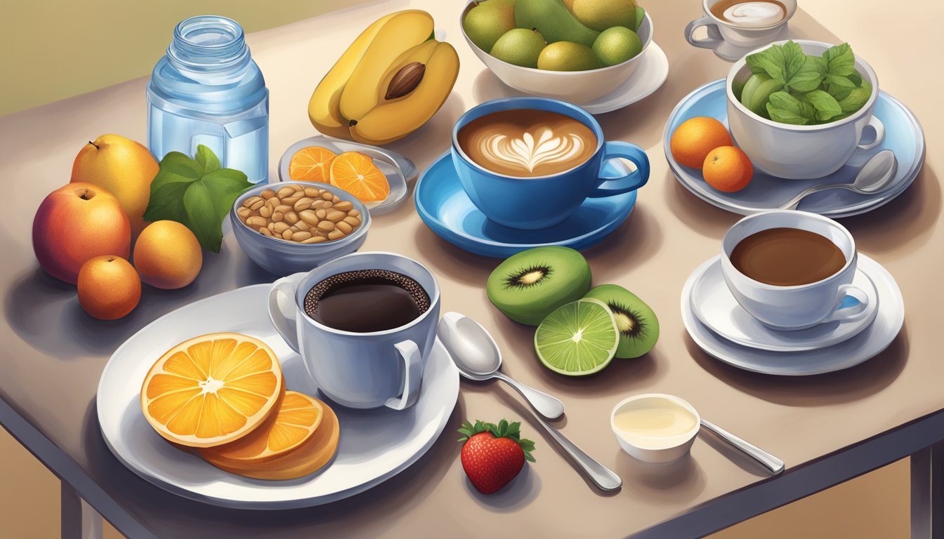 A table with multiple cups of Maxwell House coffee, some empty and some full, surrounded by a variety of health-related items such as fruits, vegetables, and water