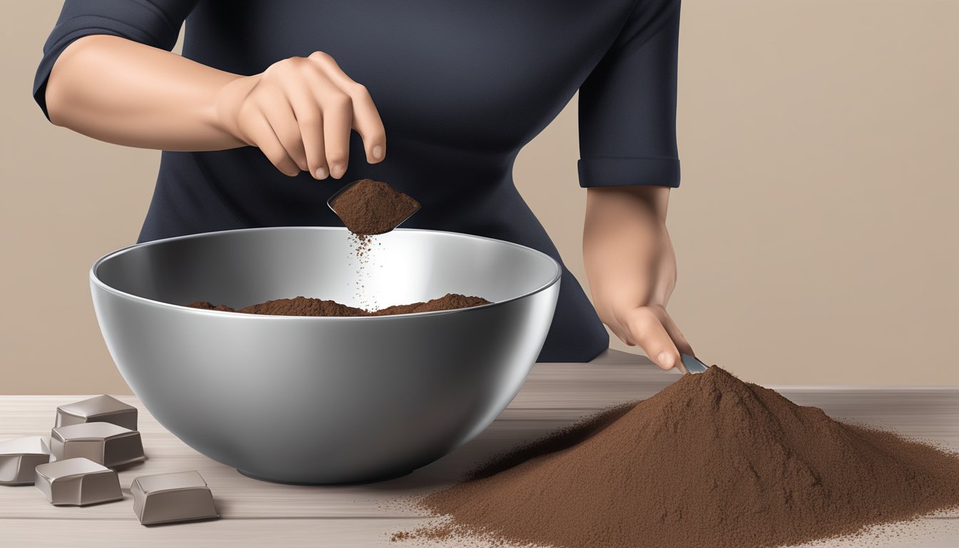 A person measuring out an excessive amount of Hershey's cocoa powder into a bowl