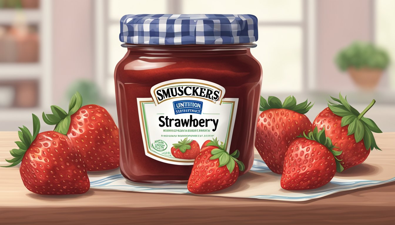 A jar of Smuckers strawberry jam surrounded by fresh strawberries and a nutrition label