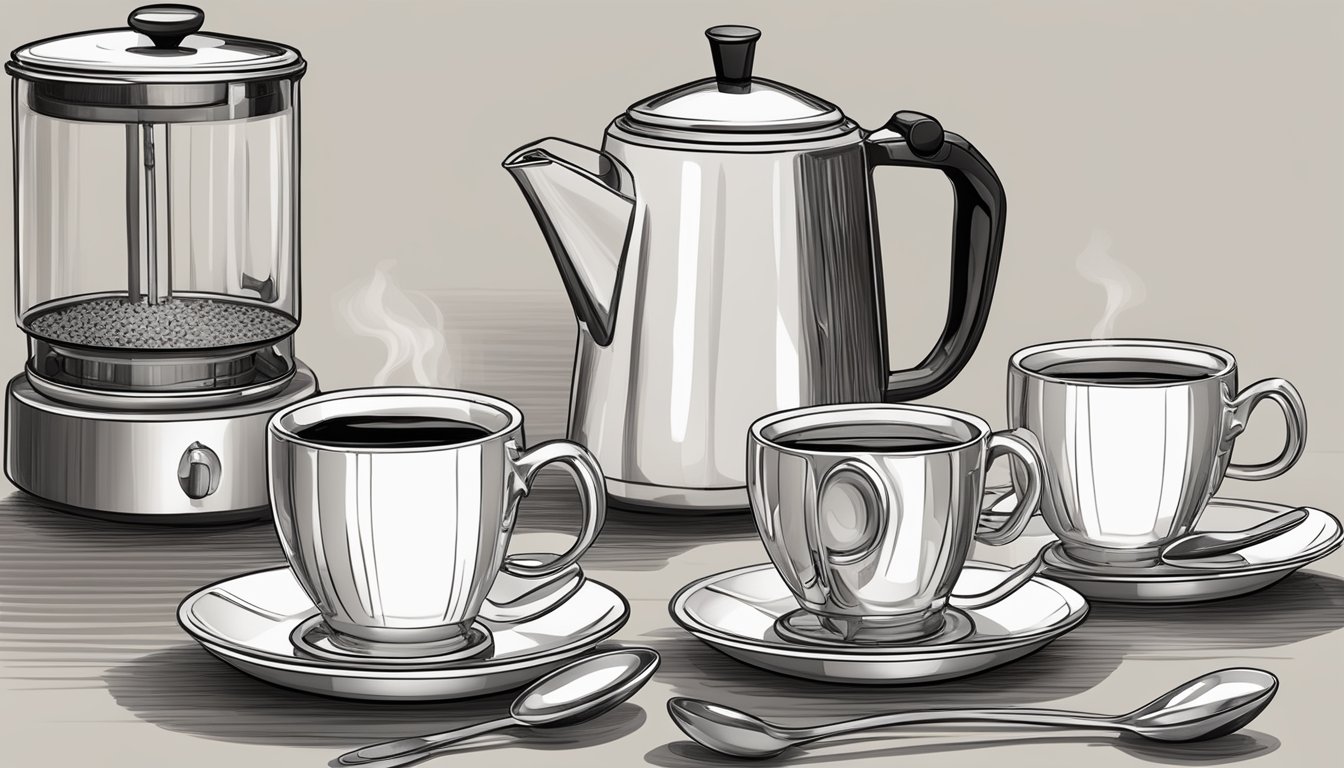 A table with multiple empty coffee cups, a full coffee pot, and a measuring spoon