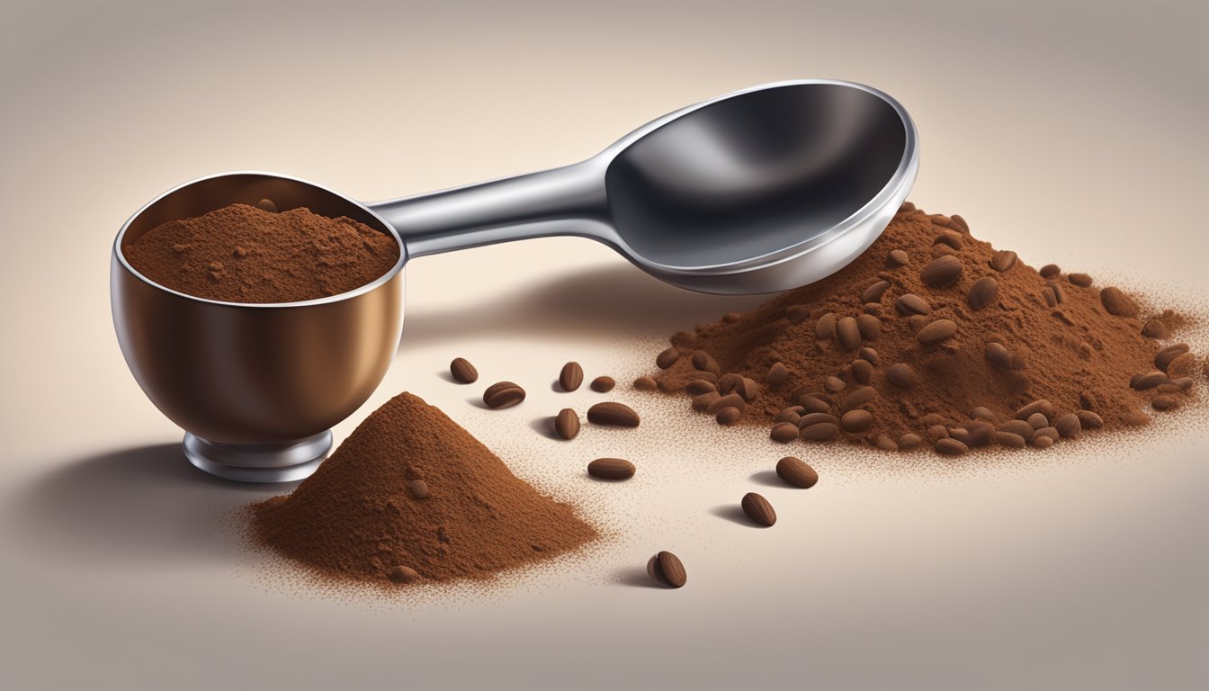 A spoonful of cocoa powder spills from a measuring spoon onto a kitchen counter