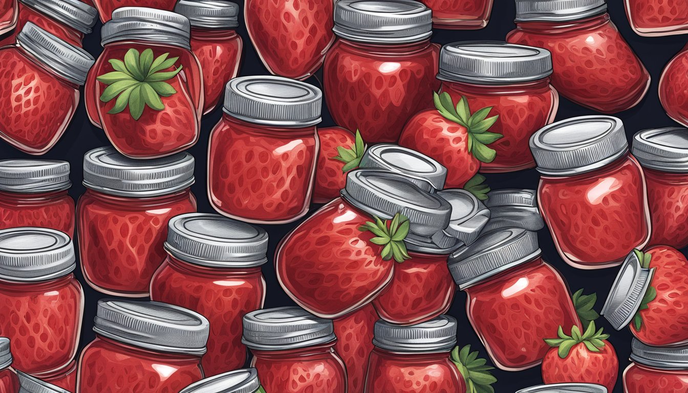 A jar of Smucker's strawberry jam overflowing with excessive spoonfuls