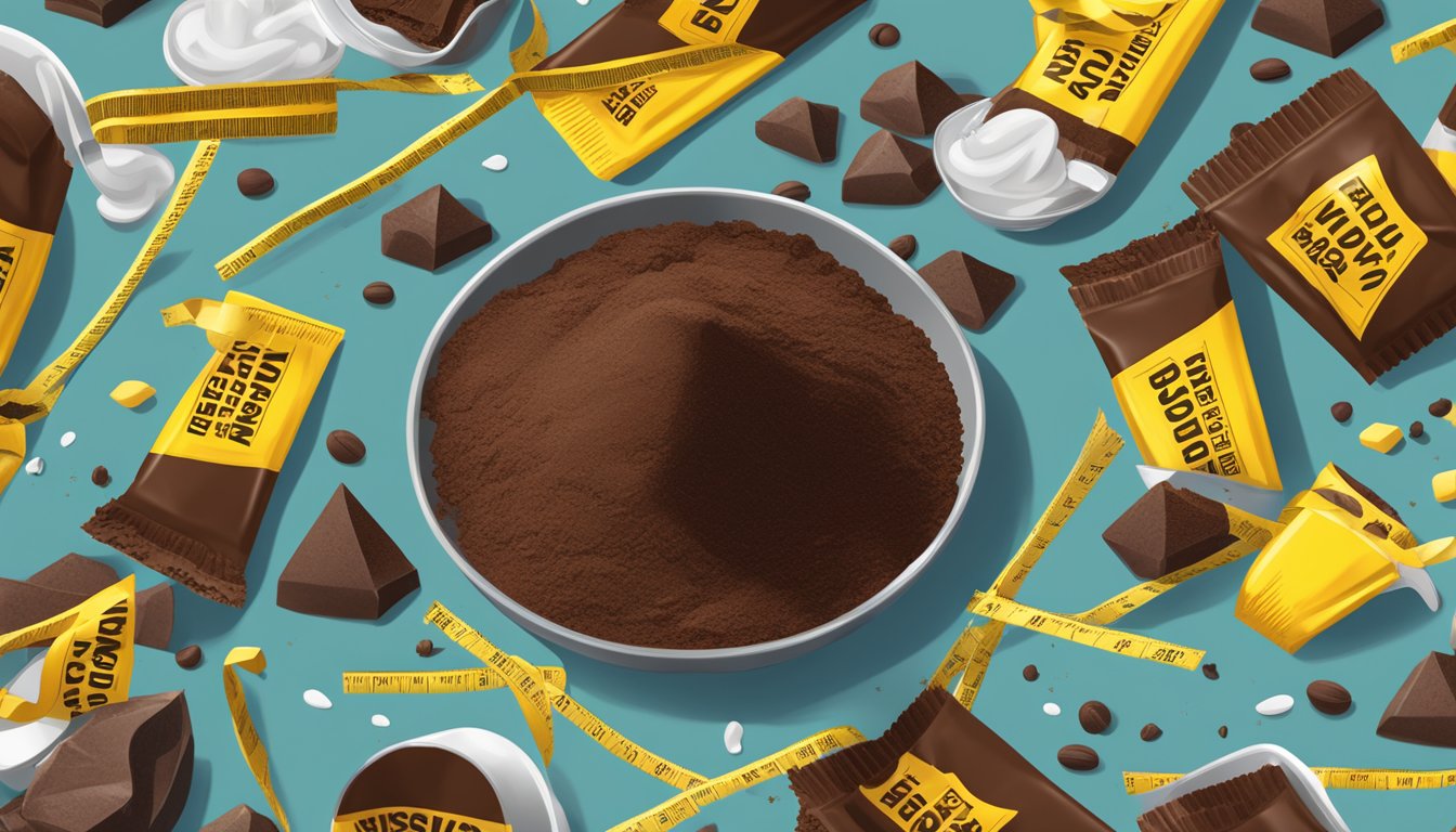 A pile of Hershey's cocoa powder spilling out of a measuring spoon, surrounded by warning labels and caution tape