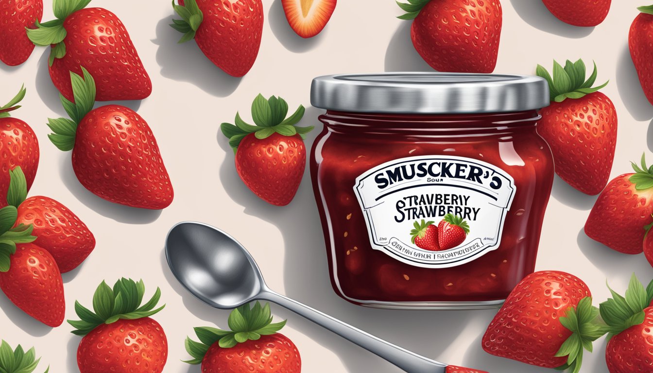 A jar of Smucker's strawberry jam overflowing with spoonfuls