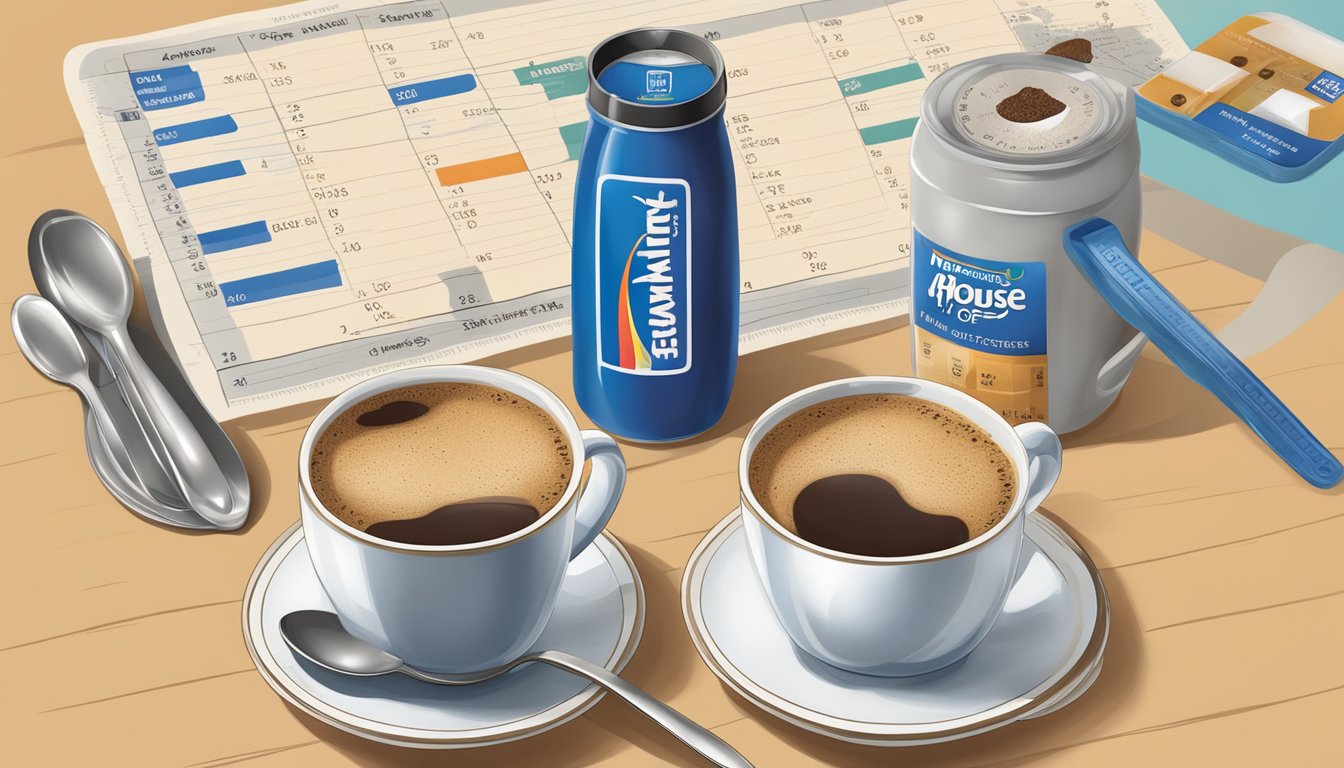 A table with multiple cups of Maxwell House coffee, a measuring spoon, and a caffeine chart