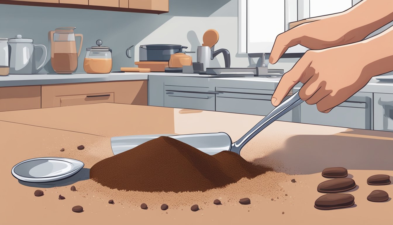 A pile of cocoa powder spills from a measuring spoon onto a kitchen counter. A hand reaches for the spoon, indicating a daily consumption question