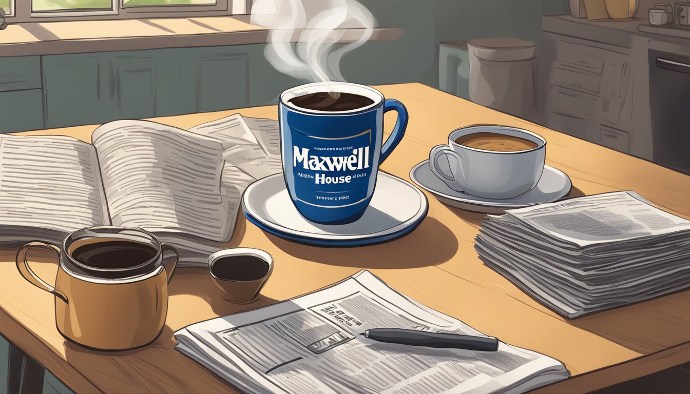 A steaming cup of Maxwell House coffee sits on a cozy kitchen table, surrounded by a morning newspaper and a laptop