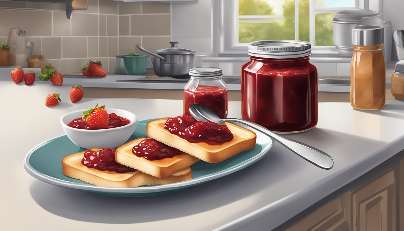 A slice of toast with a dollop of Smucker's strawberry jam, a spoonful of jam being spread on a cracker, and a jar of jam sitting on a kitchen counter